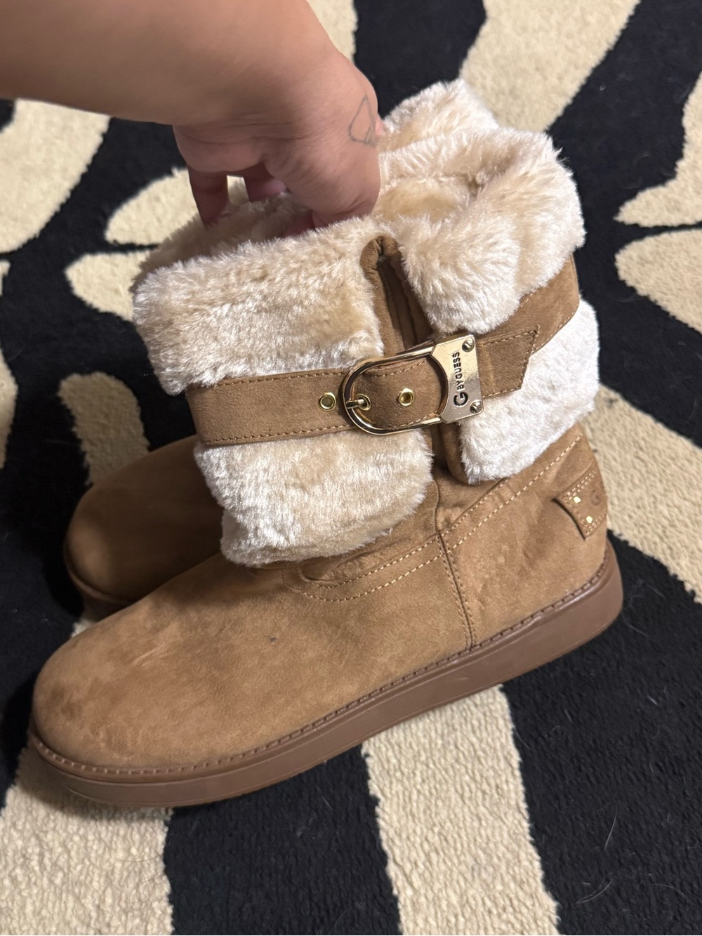 G by Guess Tan Suede Faux-Fur Fold-Over Winter Boots